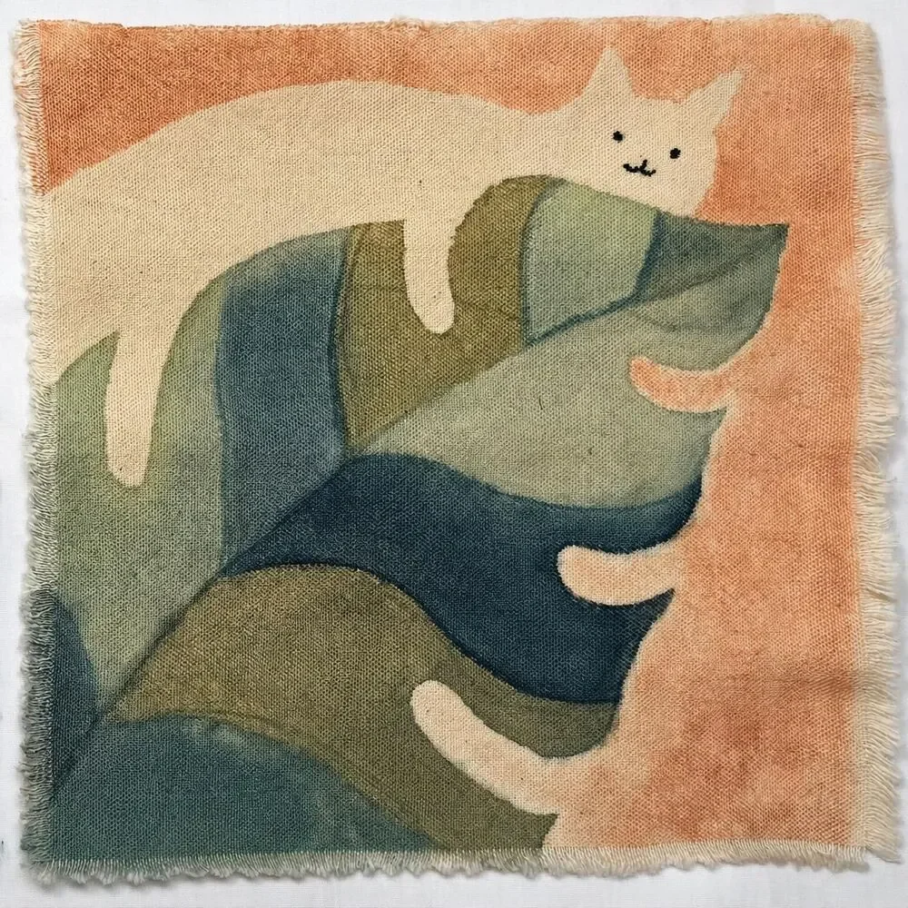 Lazy Cat Tropical Leaf Batik Wall Art, Handmade Cat Art Decor, Cat Lover Gift